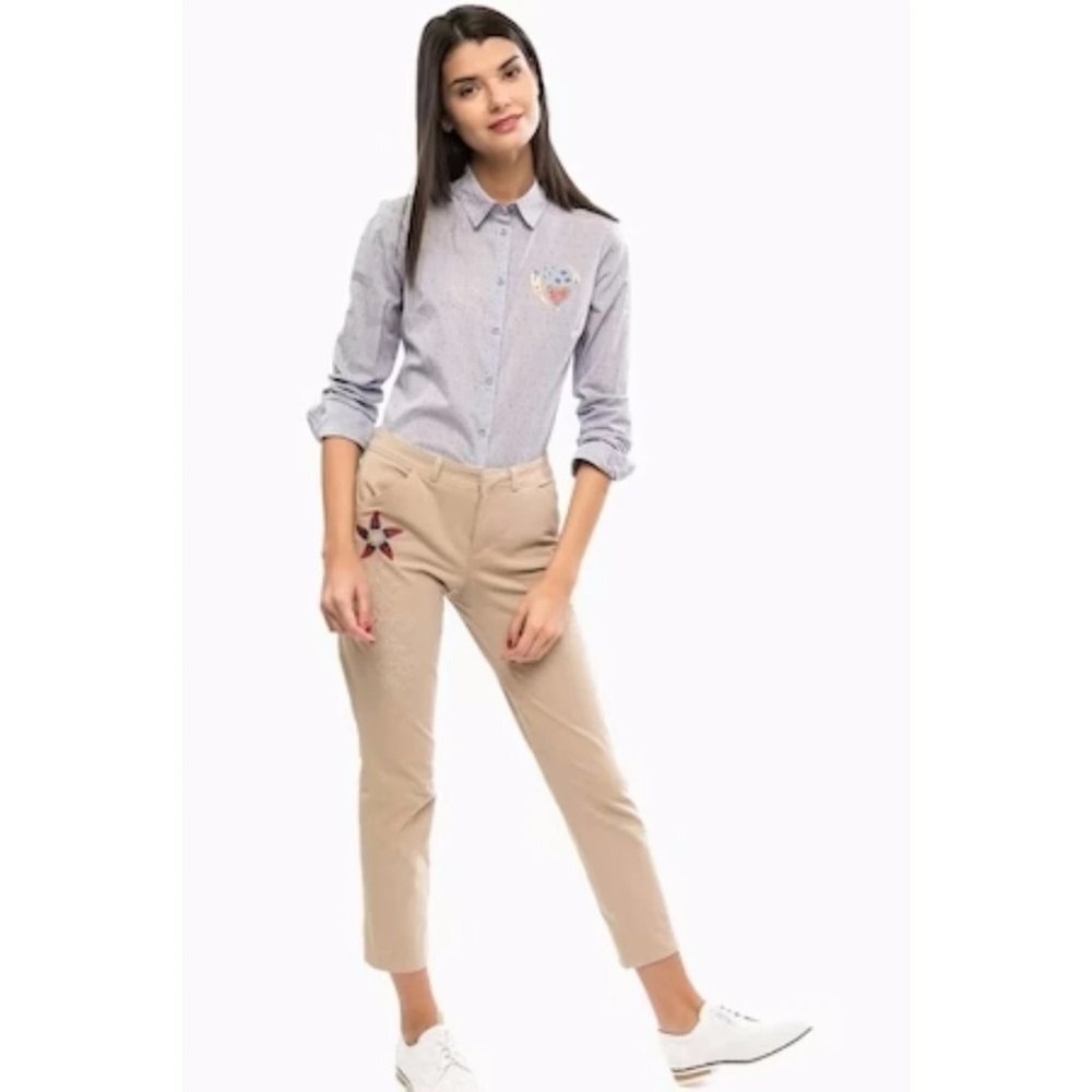 Desigual Beige Cropped Trousers with Embroidered Detail